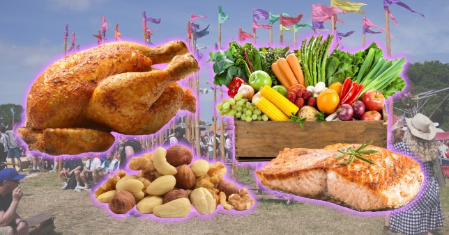 Roast chicken, nuts, salmon, and vegetable box with a picture of the Glastonbury Festival crowd